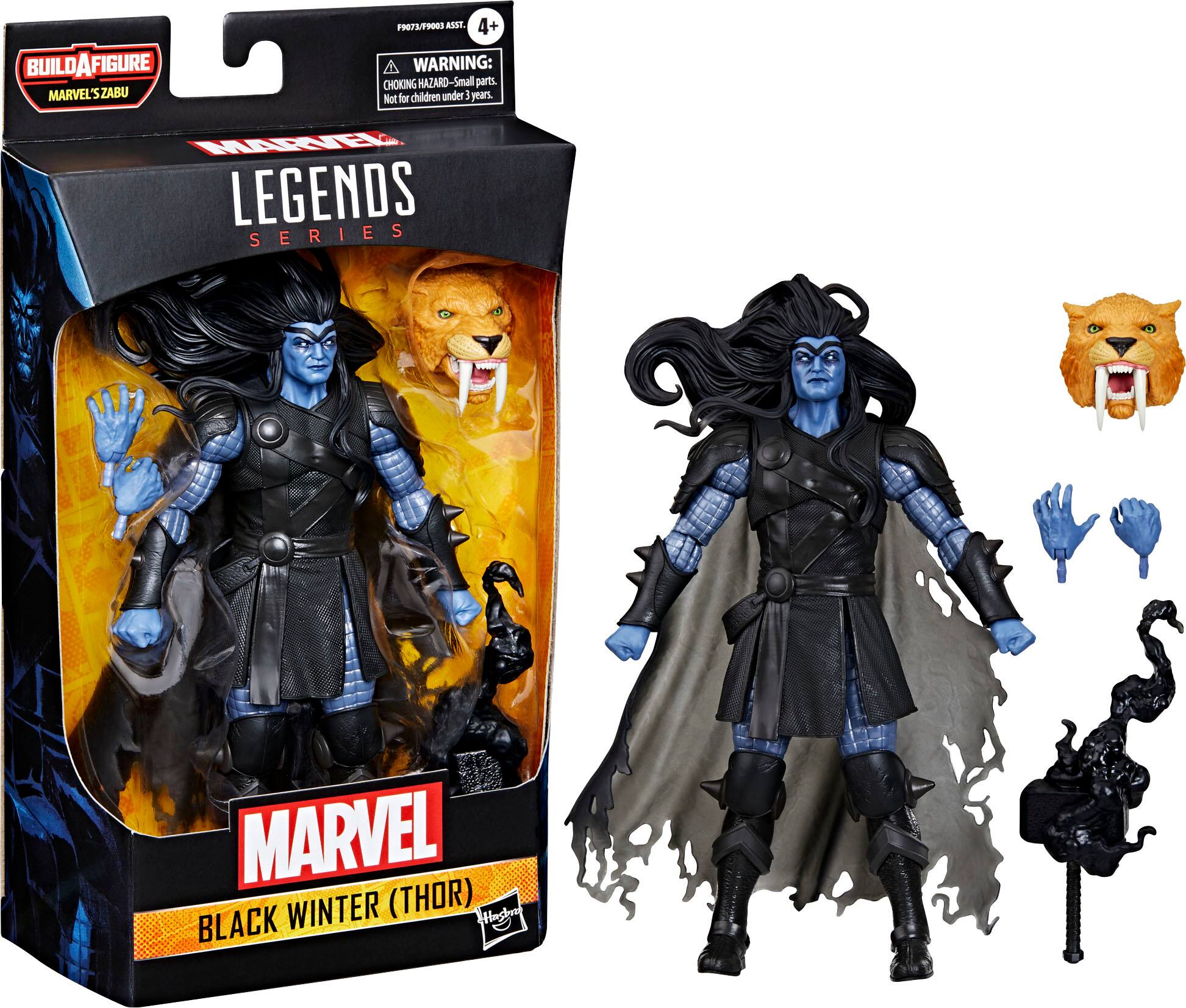 The image features a Marvel Legends action figure of Thor, also known as Black Winter. The figure is posed in a dynamic stance, and it comes with a cape and a lion head accessory. The packaging for the figure warns that it contains small parts, and it is not suitable for children under three years of age. The figure is part of the Marvel Legends series, and it is designed for collectors and fans of the Marvel universe.
