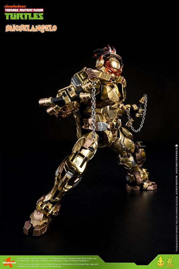 nickelodeon  
TEENAGE MUTANT NINJA TURTLES  
MICHELANGELO  

© 2025 Viacom Overseas Holdings C.V. All Rights Reserved. Teenage Mutant Ninja Turtles and all related titles, logos and characters are trademarks of Viacom Overseas Holdings C.V.  
© 2025 Viacom International Inc. All Rights Reserved. Nickelodeon and all related titles, logos and characters are trademarks of Viacom International Inc.  

PROTOTYPE NOT FINAL, PENDING LICENSOR APPROVAL