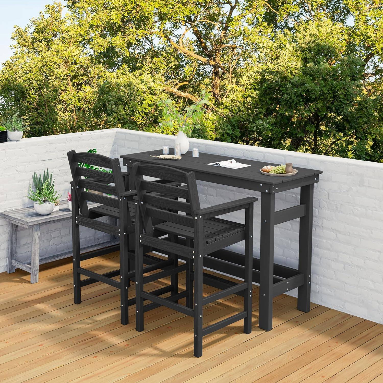 Alt View 1. SERWALL - SERWALL Outdoor Bar Set, 2 Adirondack Bar Chairs & Bar Height Table, All-Weather HDPE Patio Furniture, Black - Black.