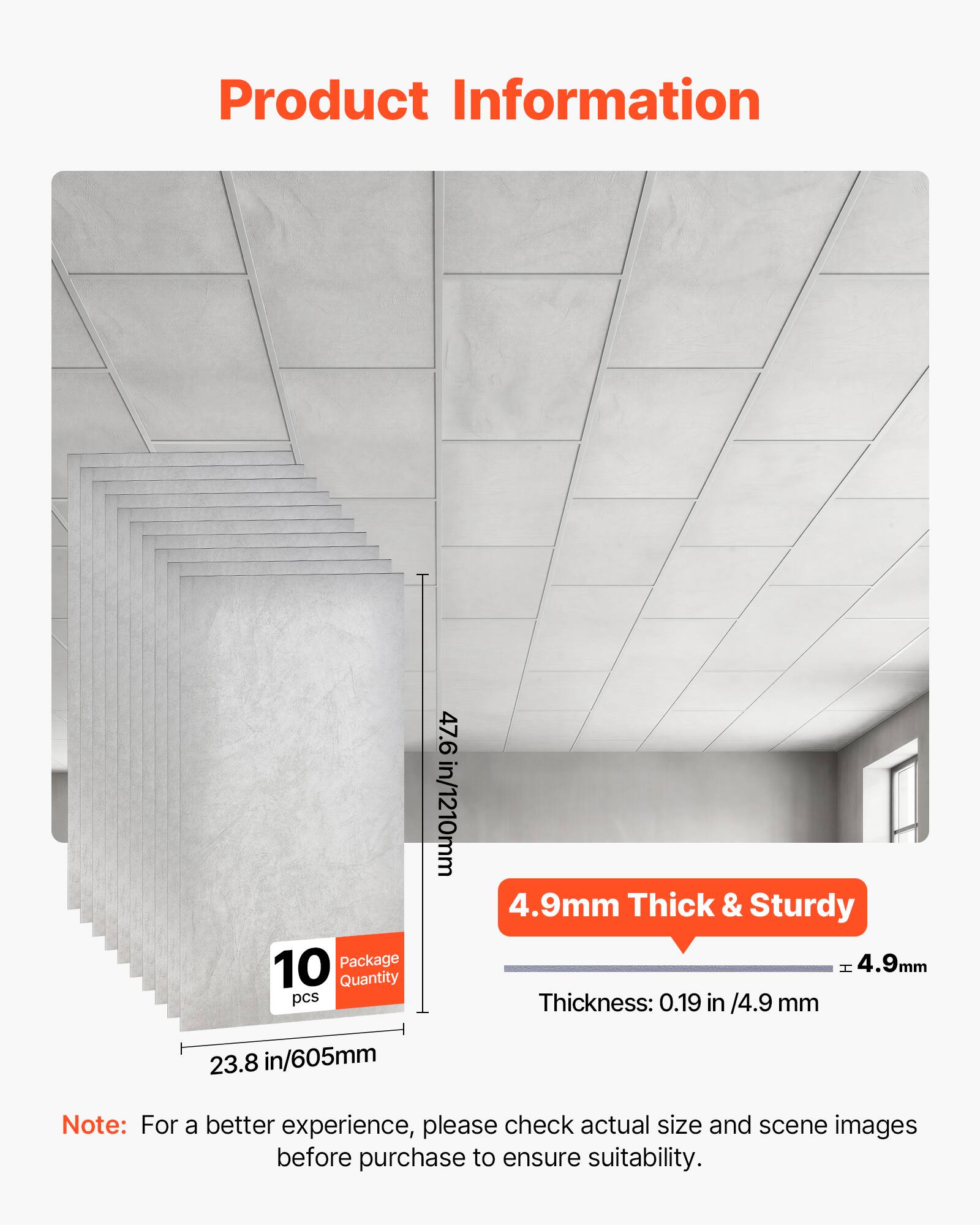 Product Information

- Package Quantity: 10 pcs
- Size: 47.6 in/1210mm x 23.8 in/605mm
- Thickness: 4.9mm (0.19 in / 4.9 mm)

Note: For a better experience, please check actual size and scene images before purchase to ensure suitability.