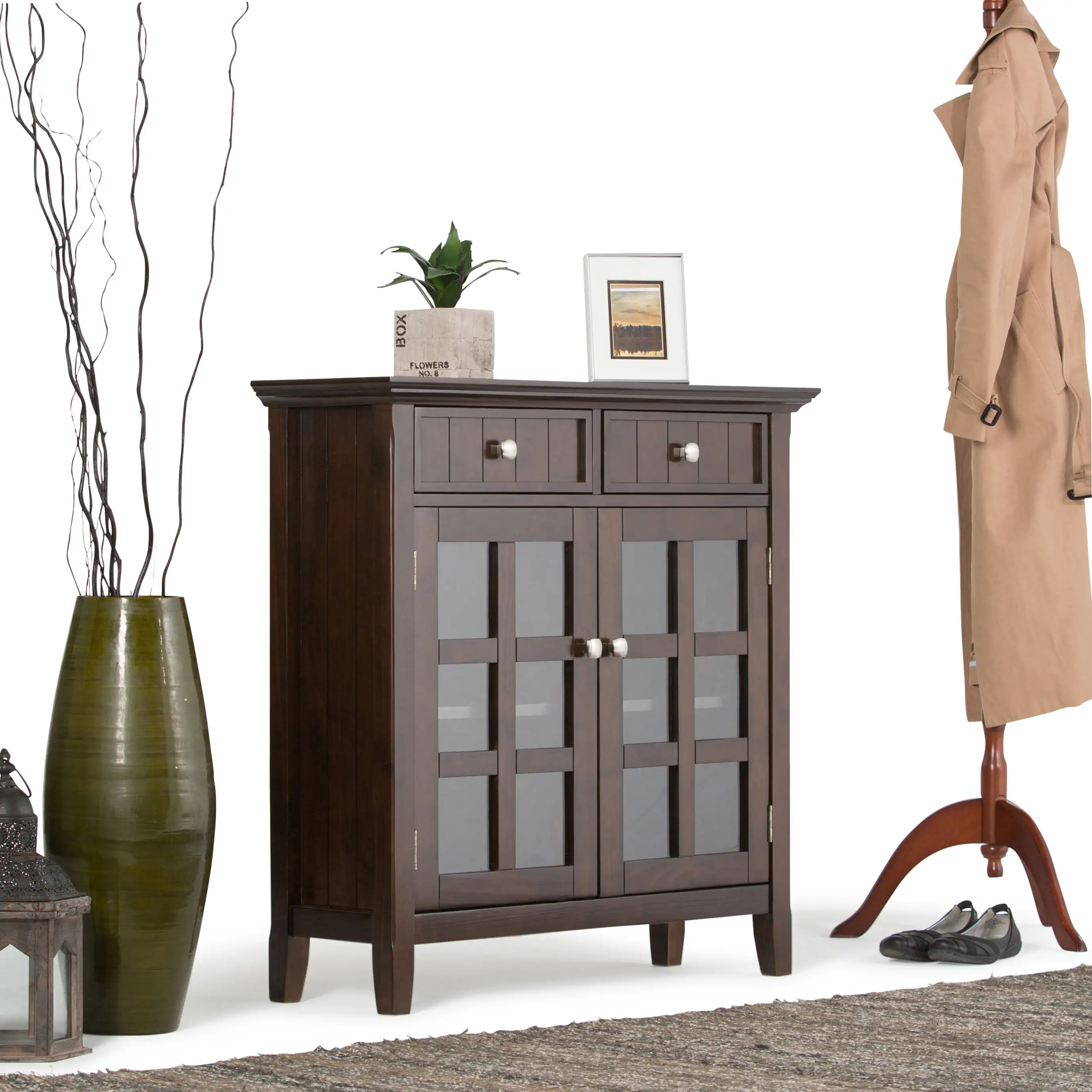 Left. Simpli Home - Acadian Solid Wood 36 inch Wide Transitional Entryway Hallway Storage Cabinet - Brunette Brown.