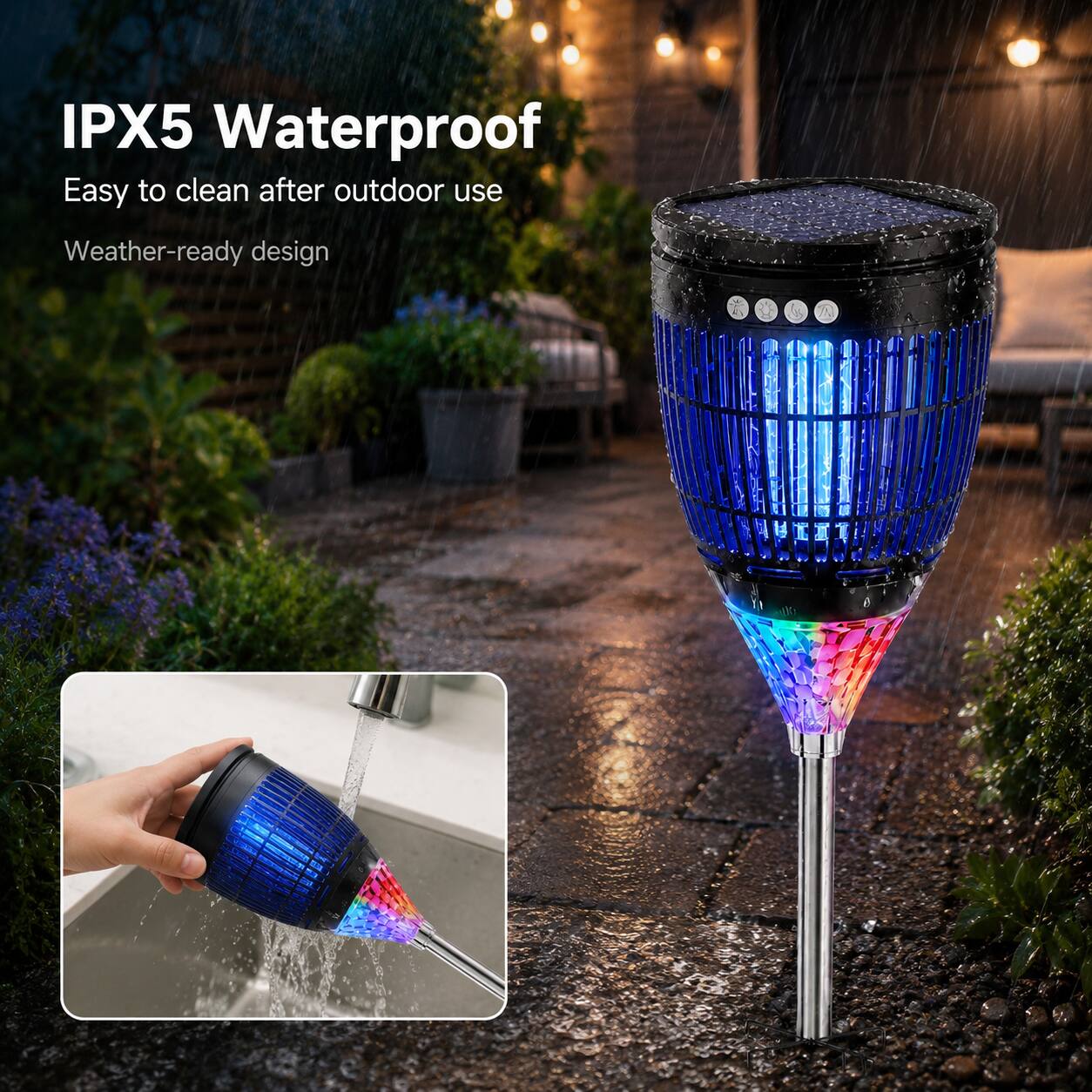 IPX5 Waterproof  
Easy to clean after outdoor use  
Weather-ready design