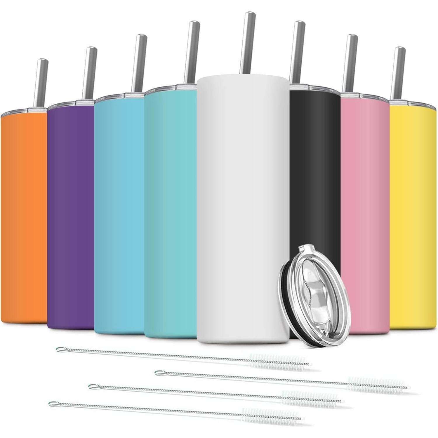 Front. PARKER SLATER - 8-pack 20oz stainless steel skinny tumblers with straws and brushes, double-insulated travel mugs for hot or cold drinks - Assorted Colors.