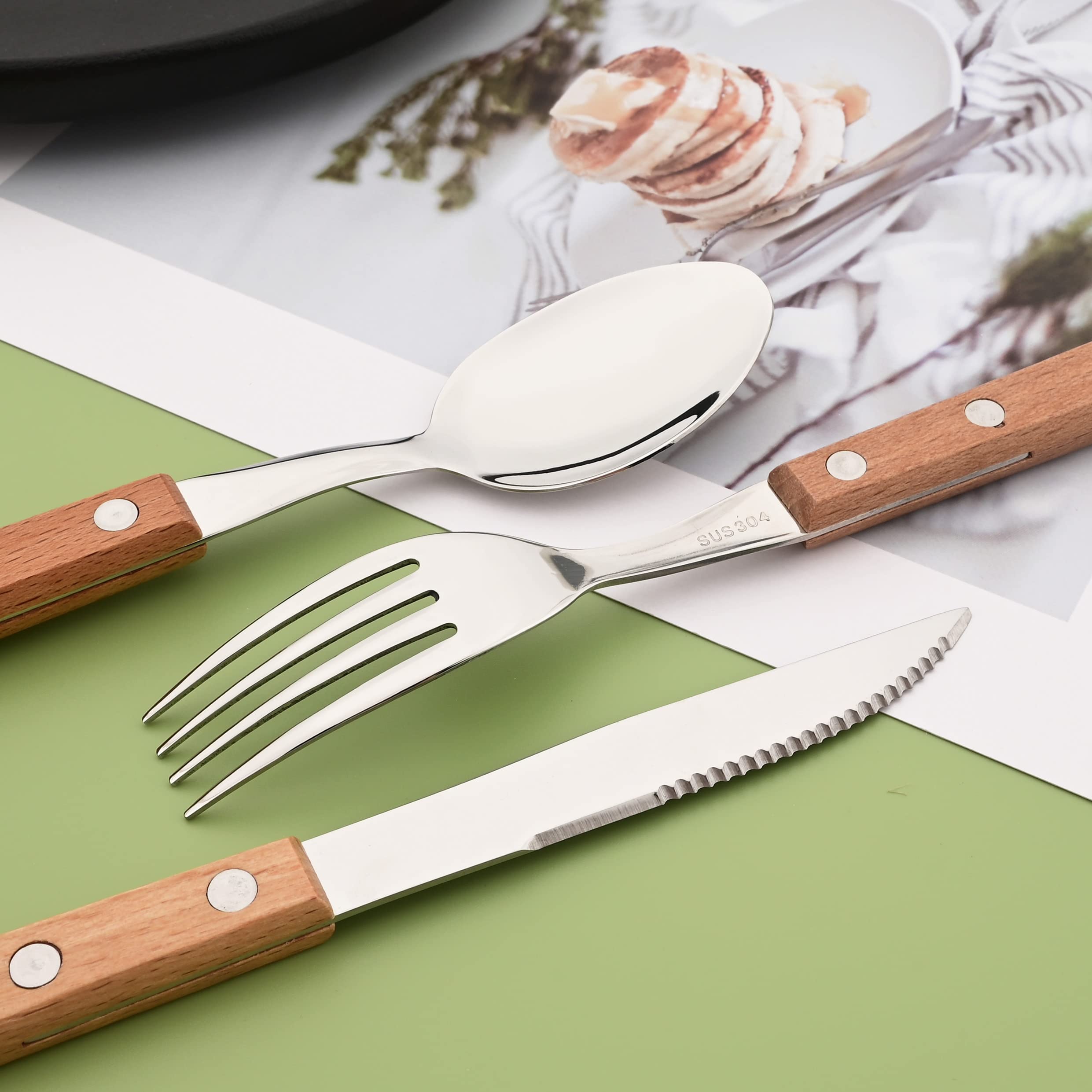 Left. Dazzed Corner - Silver Flatware Set with Natural Wood Handle, 24 PCS Stainless Steel Cutlery Set - NY5VXW6.