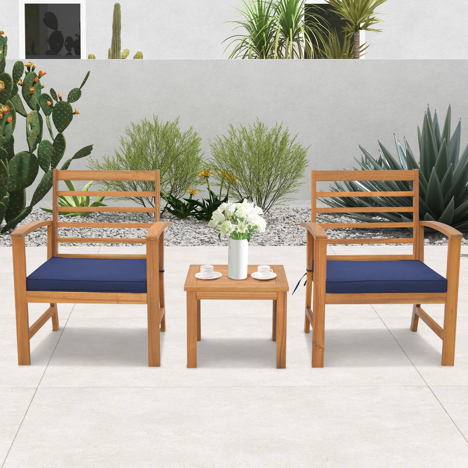 Alt View 1. Gymax - Gymax 3PCS Furniture Set Acacia Wood Conversation Set w/ Soft Seat Cushions Outdoor - Natural, Navy.