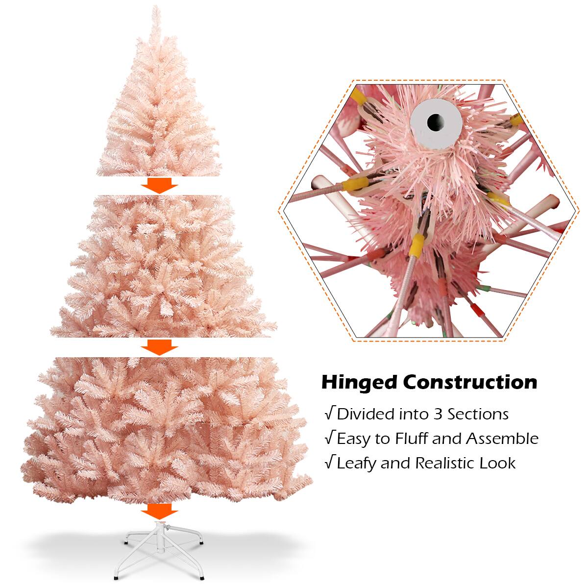 Hinged Construction: Divided into 3 Sections. Easy to Fluff and Assemble. Leafy and Realistic Look.