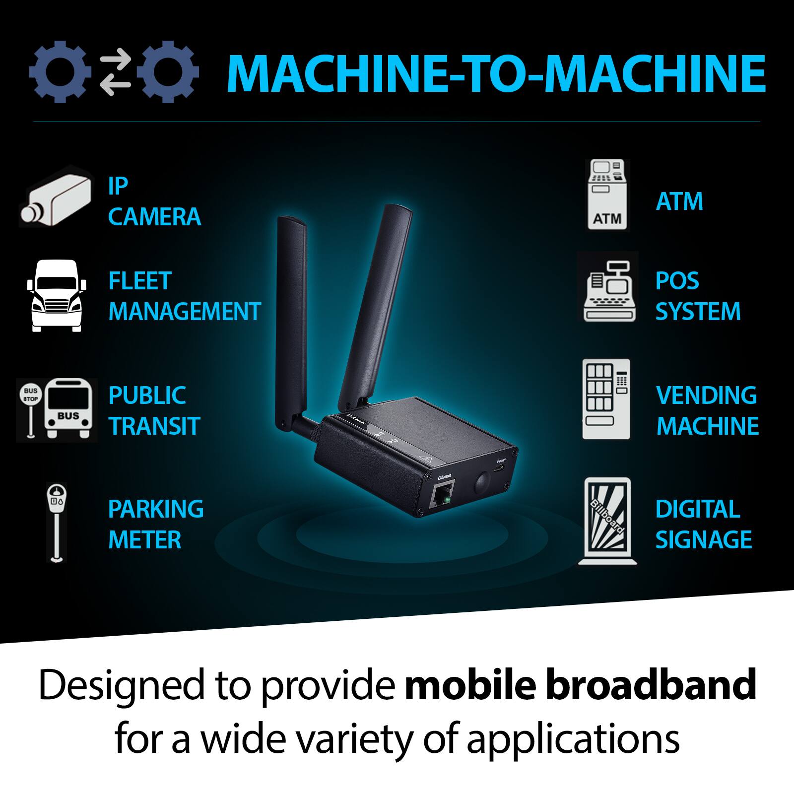MACHINE-TO-MACHINE

- IP CAMERA
- FLEET MANAGEMENT
- PUBLIC TRANSIT
- PARKING METER
- ATM
- POS SYSTEM
- VENDING MACHINE
- DIGITAL SIGNAGE

Designed to provide mobile broadband for a wide variety of applications
