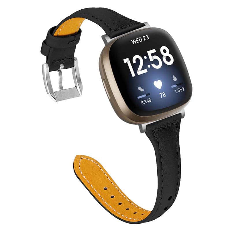StrapsCo - Slim Everyday Genuine Leather Watch Band Strap For Fitbit Versa 4 - Black