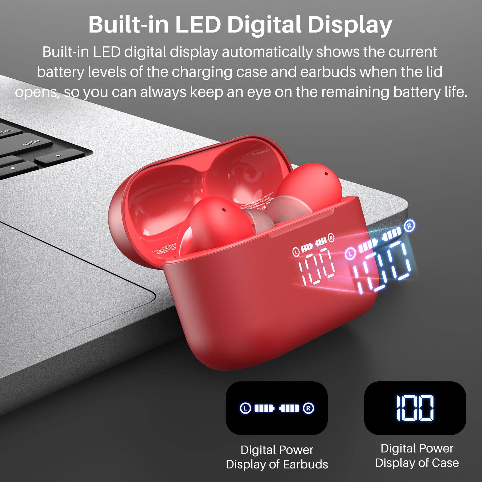 Built-in LED Digital Display, Built-in LED digital display automatically shows the current battery levels of the charging case and earbuds when the lid opens, so you can always keep an eye on the remaining battery life. Digital Power Display of Earbuds, Digital Power Display of Case