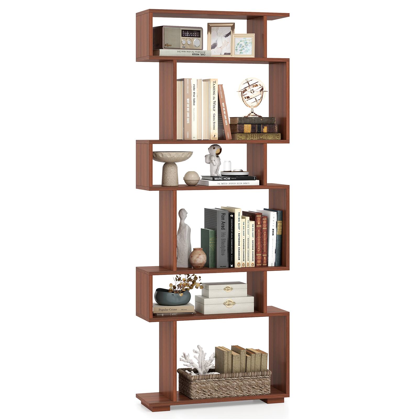 Costway - 6-tier Storage Bookshelf S-shaped Geometric Bookcase with Anti-toppling Kits Orange - Walnut