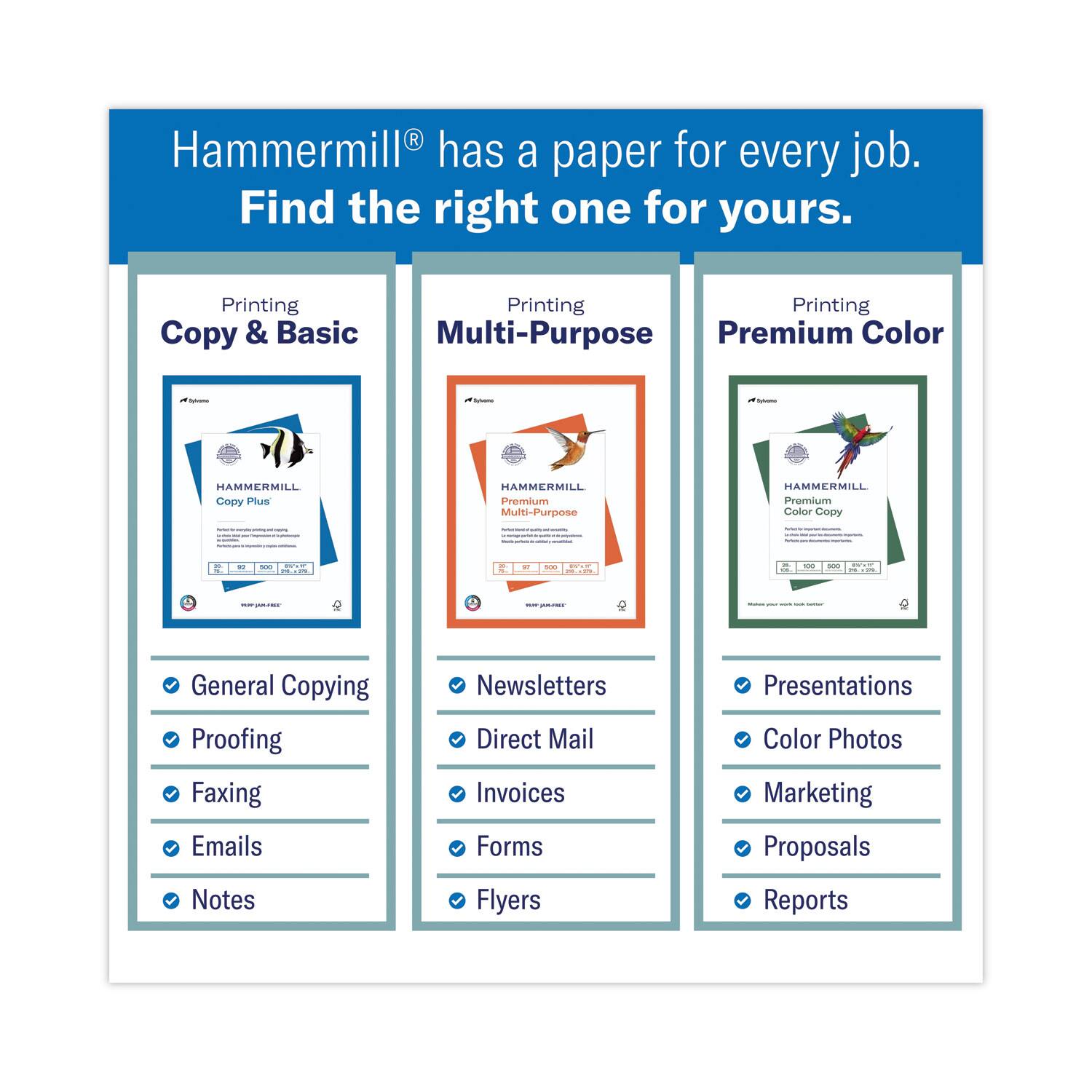 Hammermill® has a paper for every job.  
Find the right one for yours.

Printing  
Copy & Basic  
HAMMERMILL Copy Plus  
- General Copying  
- Proofing  
- Faxing  
- Emails  
- Notes  

Printing  
Multi-Purpose  
HAMMERMILL Premium Multi-Purpose  
- Newsletters  
- Direct Mail  
- Invoices  
- Forms  
- Flyers  

Printing  
Premium Color  
HAMMERMILL Premium Color Copy  
- Presentations  
- Color Photos  
- Marketing  
- Proposals  
- Reports