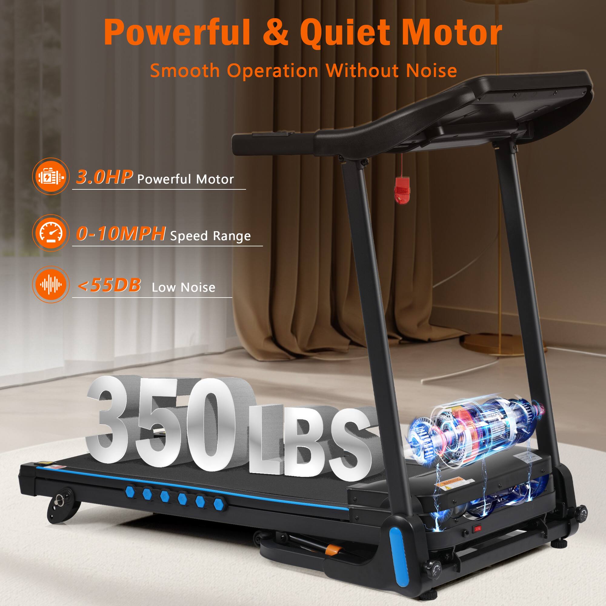 Powerful & Quiet Motor, Smooth Operation Without Noise, 3.0HP Powerful Motor, 0-10MPH Speed Range, <55DB Low Noise, 350 LBS IN SH