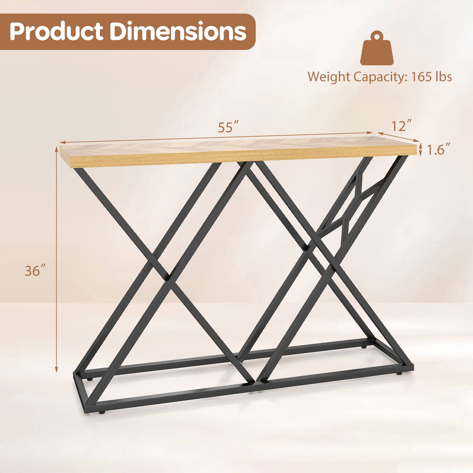 Product Dimensions  
Weight Capacity: 165 lbs  
55" x 12" x 1.6" x 36"