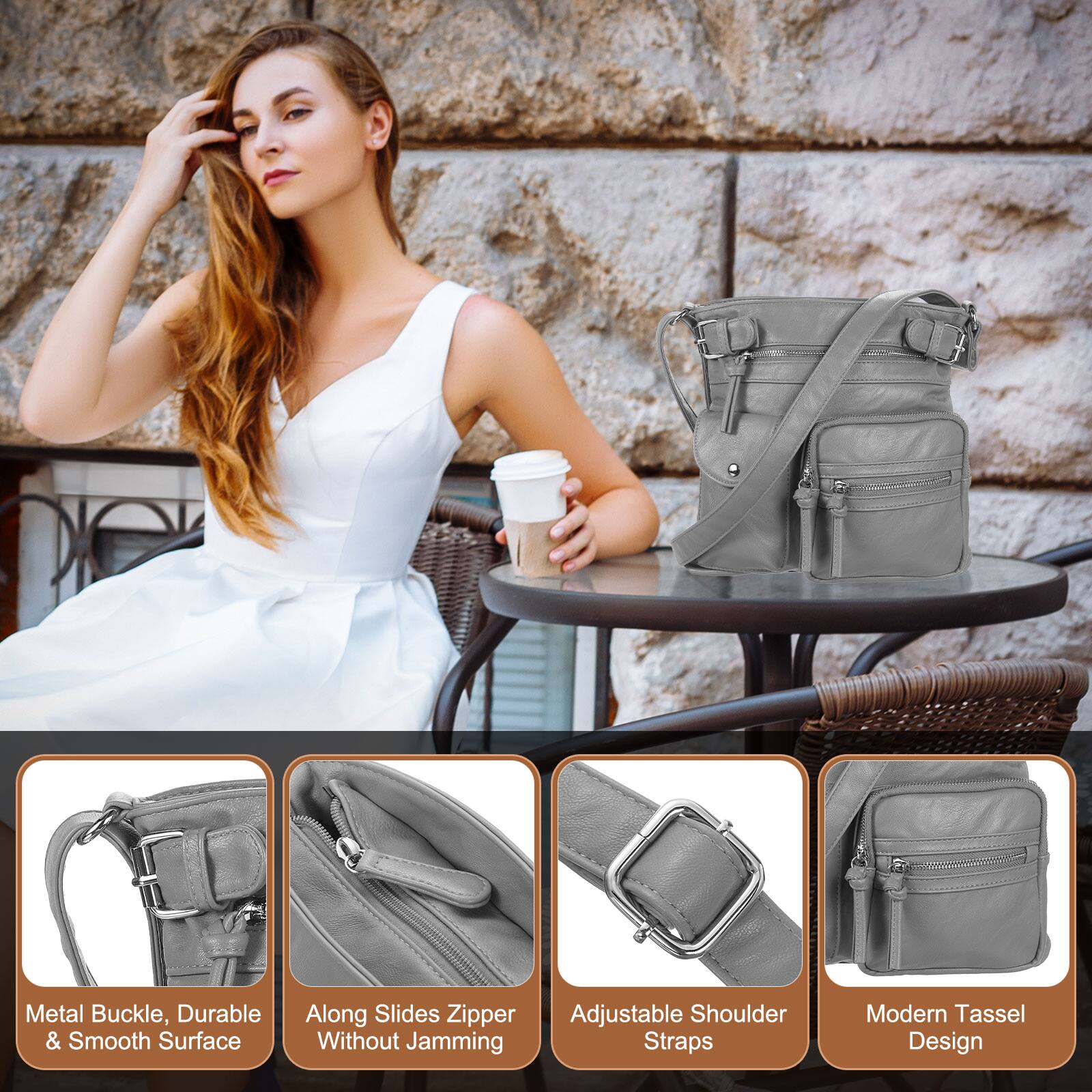 Metal Buckle, Durable & Smooth Surface  
Along Slides Zipper Without Jamming  
Adjustable Shoulder Straps  
Modern Tassel Design