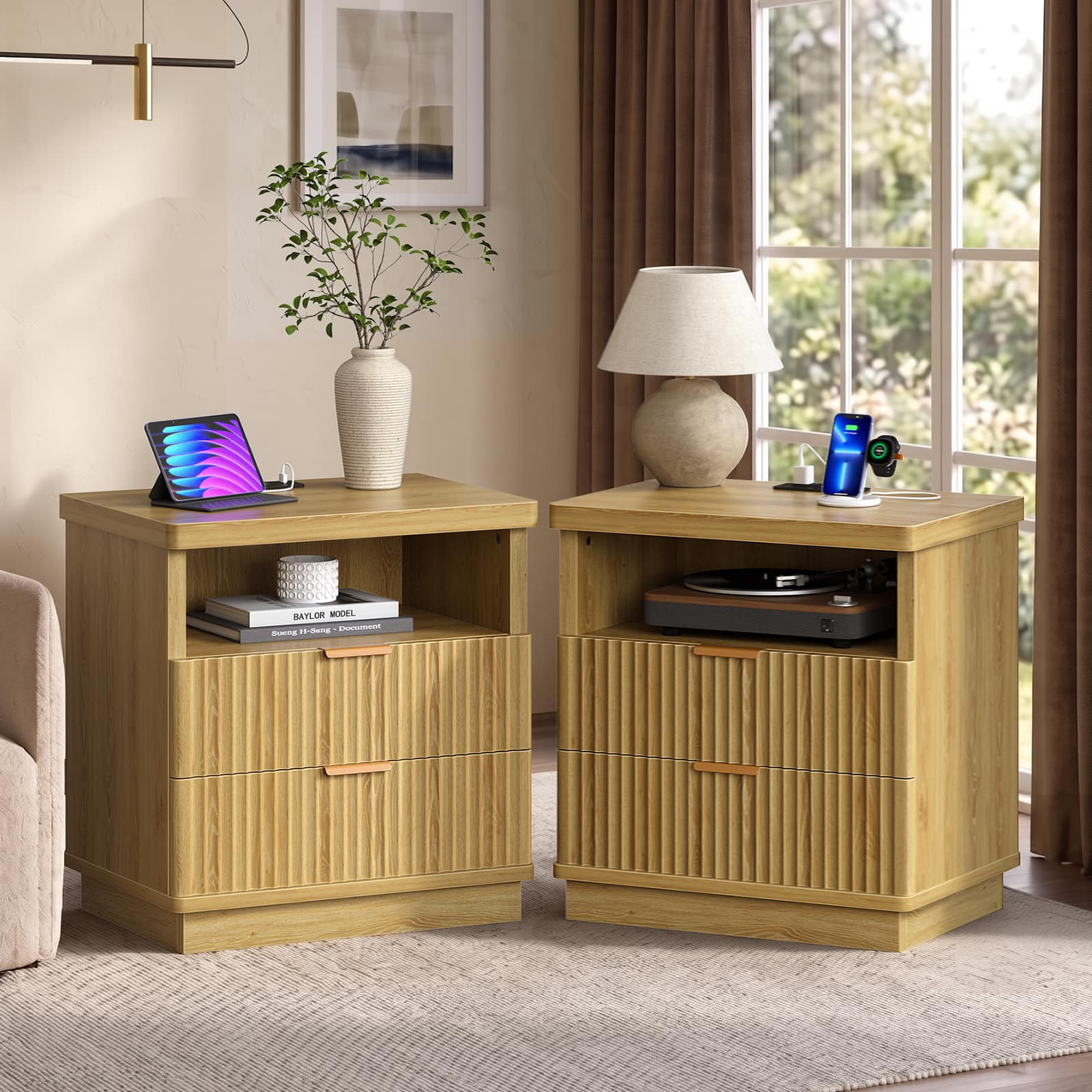 Bestier - Nightstands Set of 2 with Charging Station Drawer Fluted End Table with Open Shelf - Natual Oak