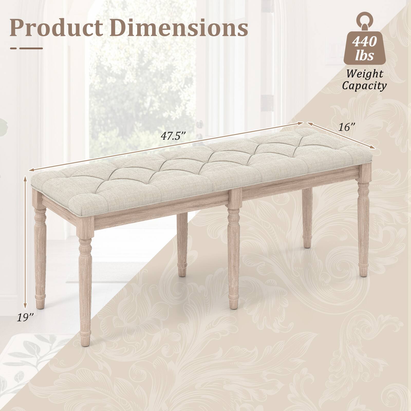 Product Dimensions: 440 lbs Weight Capacity  
47.5" x 16" x 19"