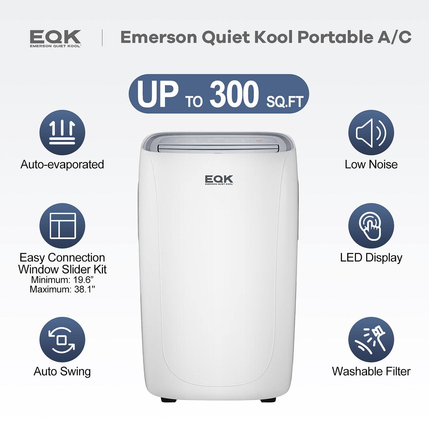 The text on the image is grouped and corrected as follows:

"Emerson Quiet Kool Portable A/C - Up to 300 SQ.FT - Auto-evaporated - Low Noise - Easy Connection - Window Slider Kit - Minimum: 19.6" - Maximum: 38.1" - LED Display - Auto Swing - Washable Filter."
