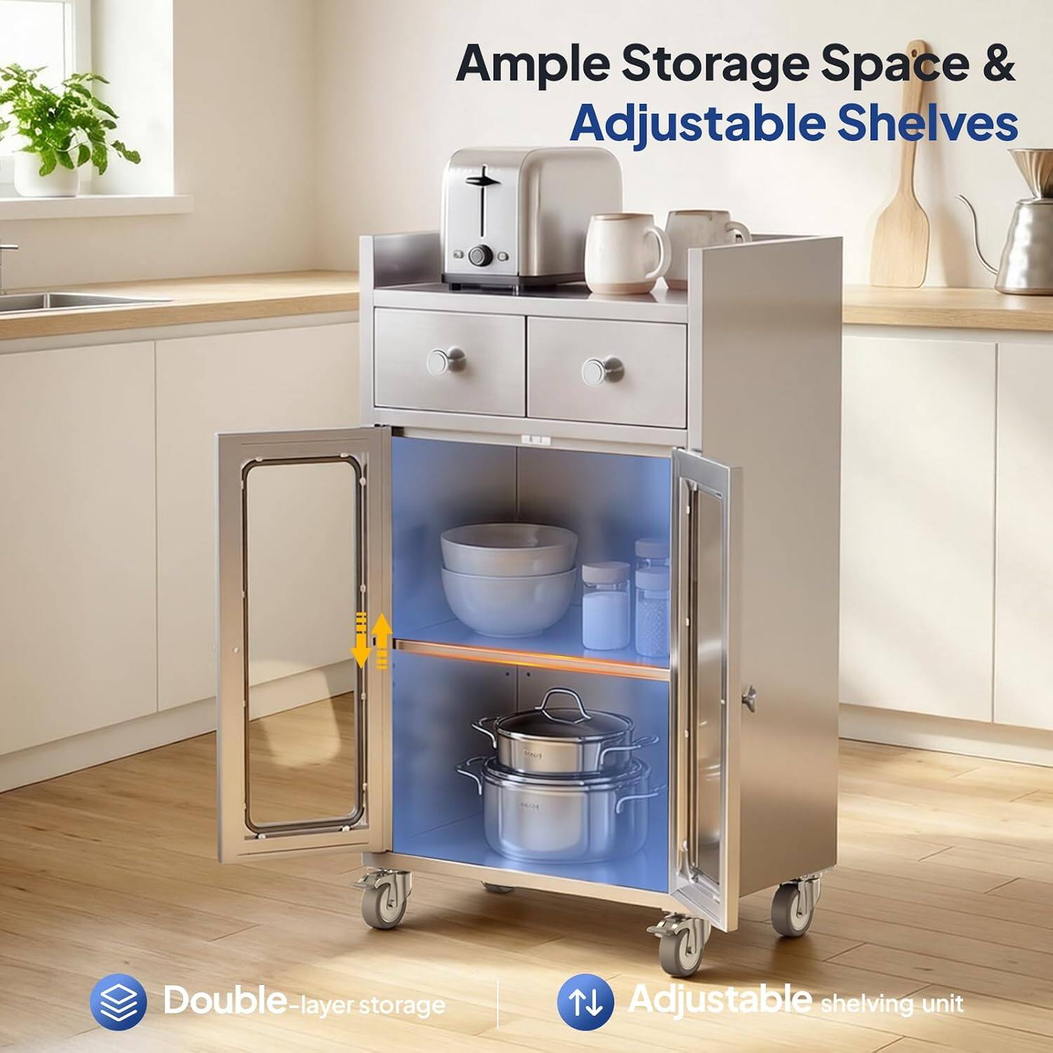 Ample Storage Space & Adjustable Shelves  
Double-layer storage  
Adjustable shelving unit