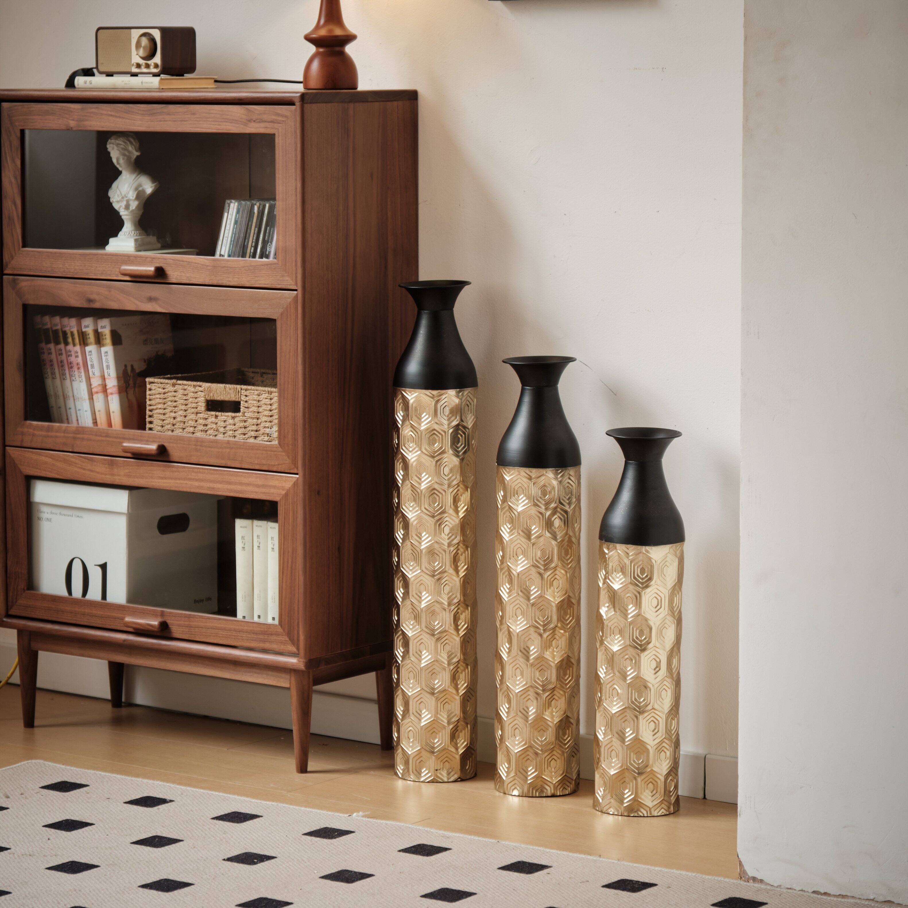 Back. Anysun - White Metal Floor Vases Set of 3 - Glazed Finish, 24.8in/29in/33.8in Height for Home Decor - Gold.