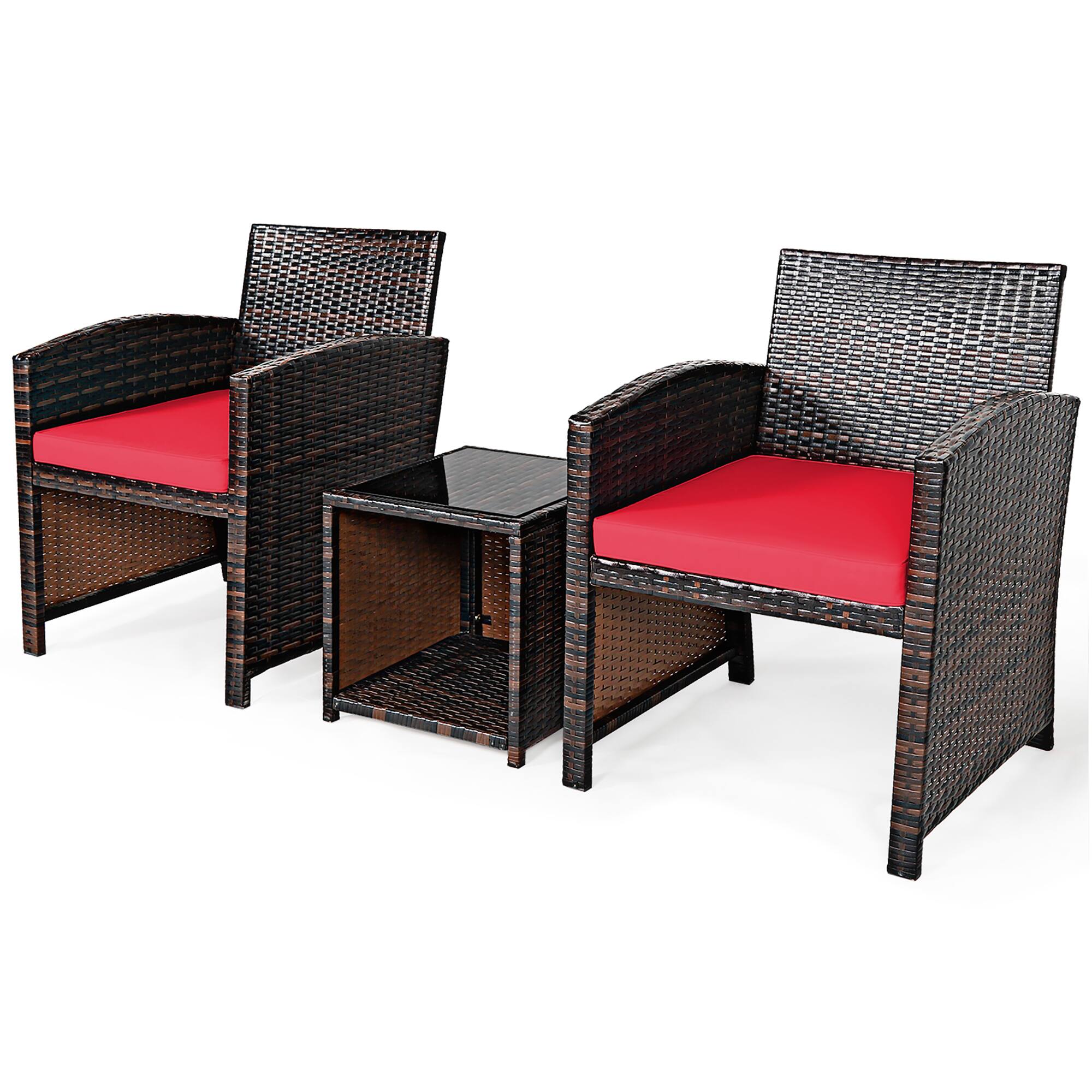 Back. Costway - 3PCS Patio Rattan Wicker Furniture Cushion Sofa Coffee Table - Red,Mix brown.