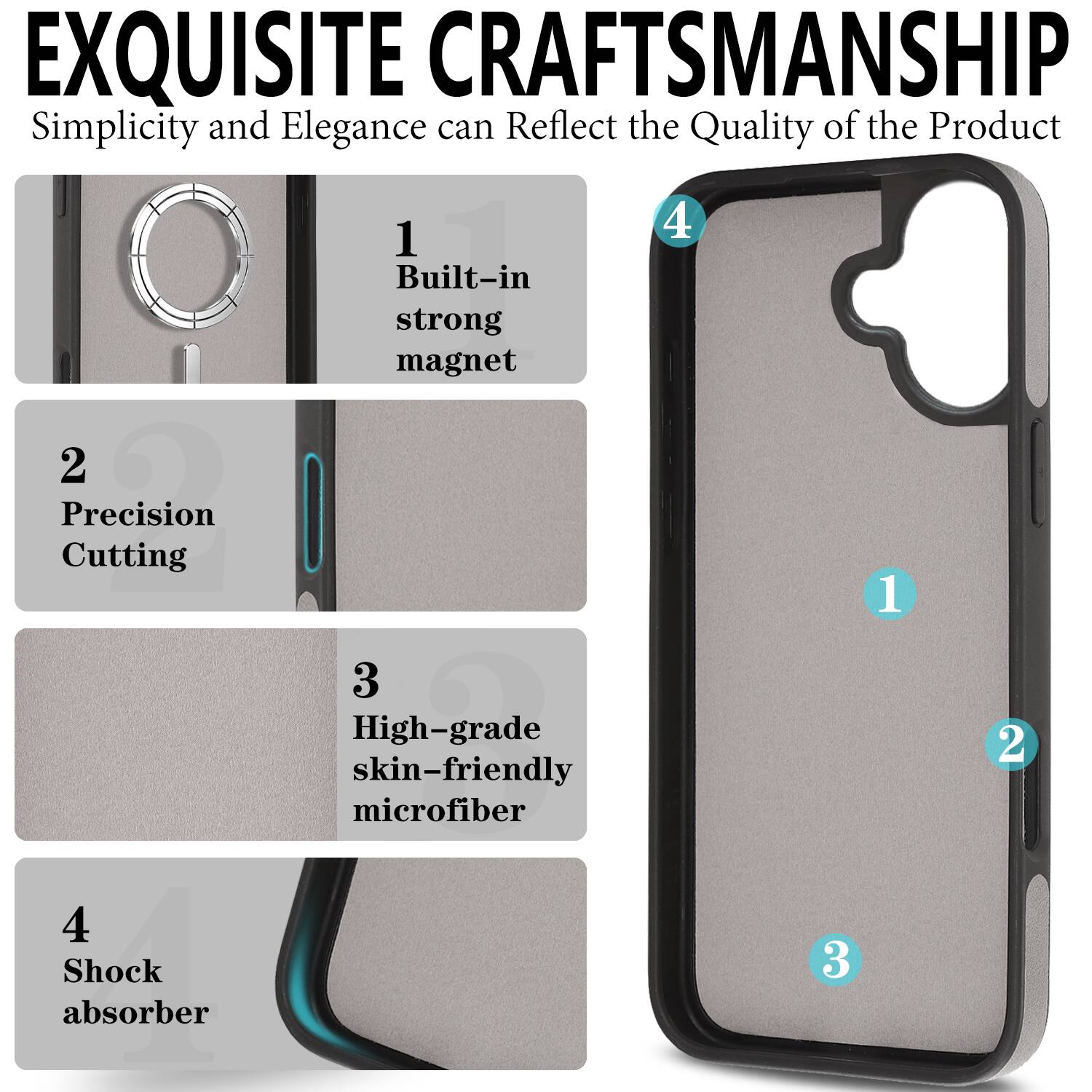 EXQUISITE CRAFTSMANSHIP  
Simplicity and Elegance can Reflect the Quality of the Product  

1. Built-in strong magnet  
2. Precision Cutting  
3. High-grade skin-friendly microfiber  
4. Shock absorber