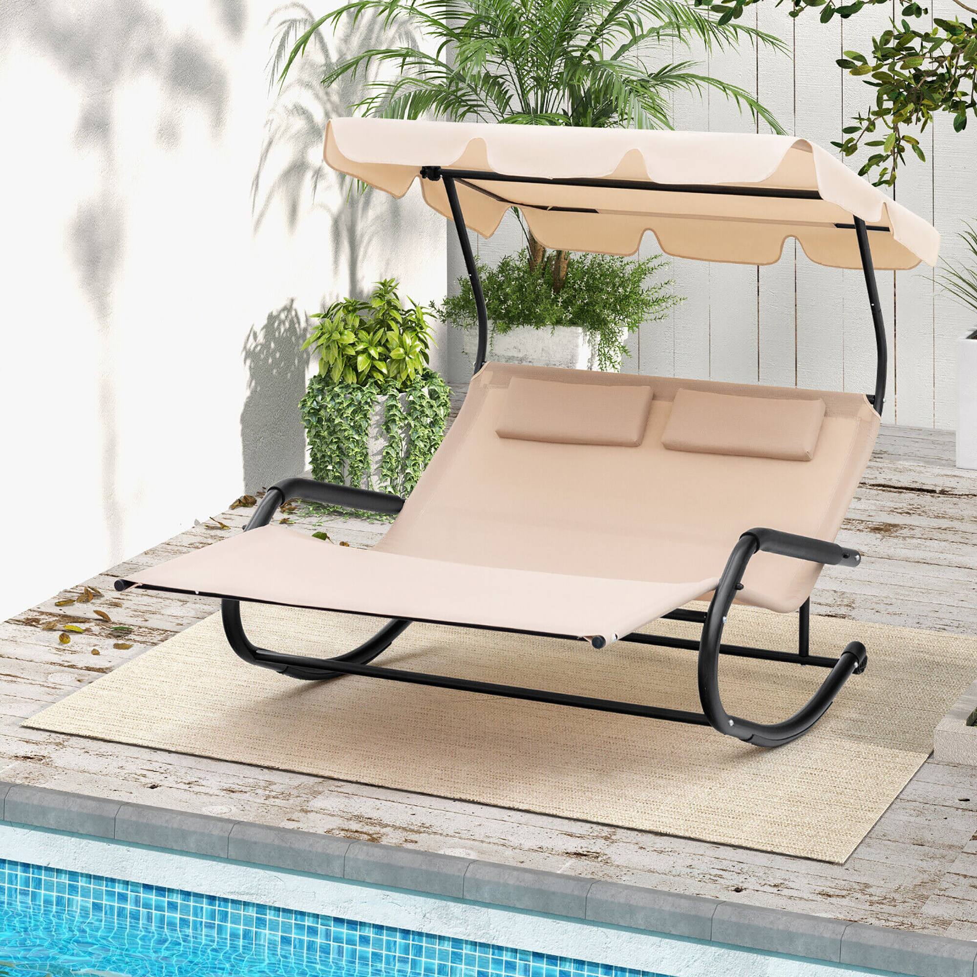 Alt View 3. Gymax - Gymax Outdoor 2-Person Double Rocking Chaise Lounge w/ Canopy & Wheels Metal Frame - Beige.