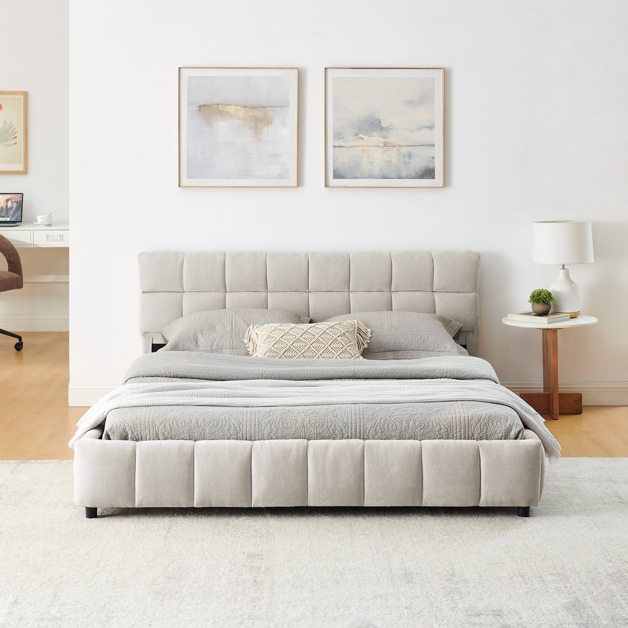 Angle. LUCKY ONE - Queen Size Chenille Upholstered Bed Frame With Drawer - Beige.