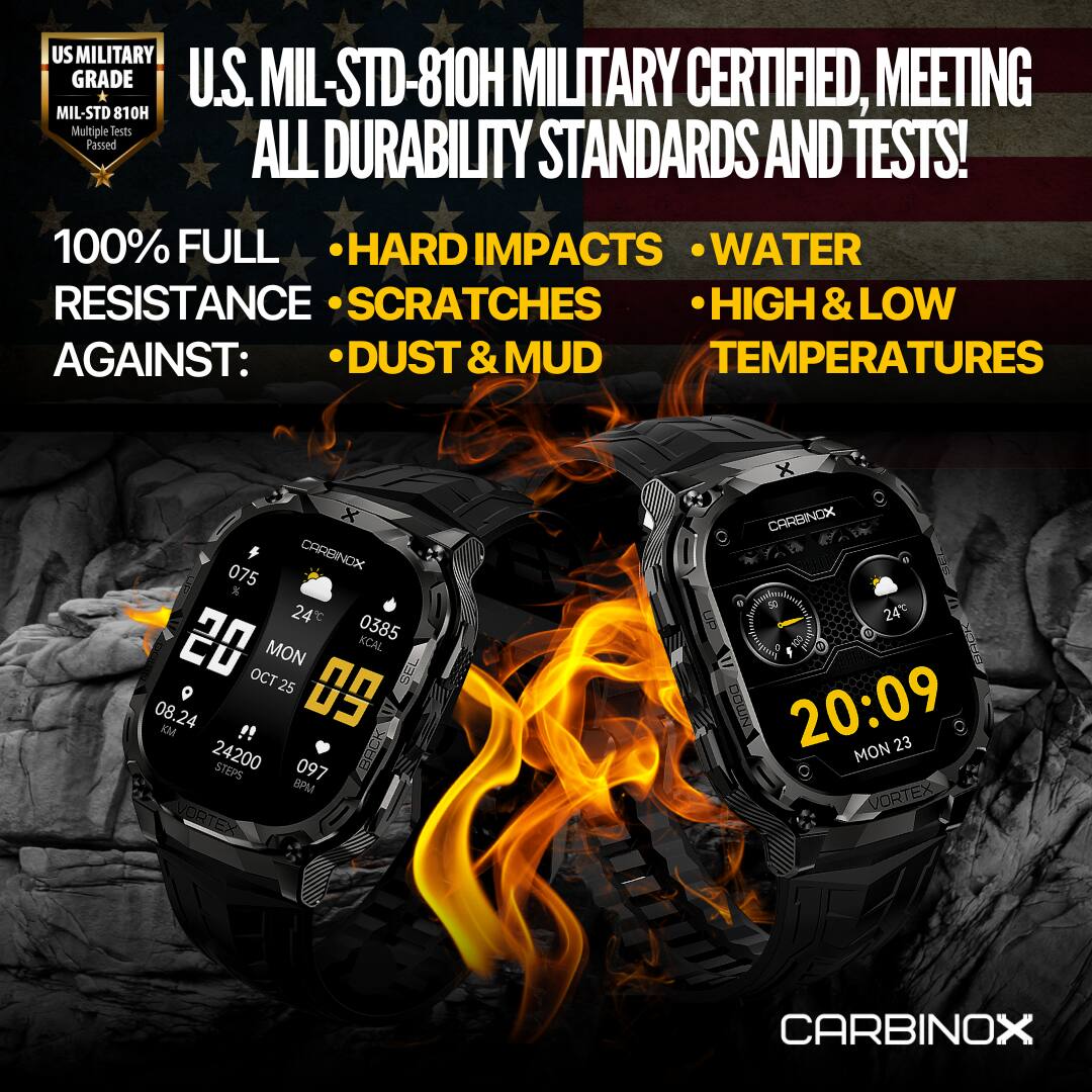 US MILITARY GRADE  
U.S. MIL-STD-810H  
MILITARY CERTIFIED, MEETING ALL DURABILITY STANDARDS AND TESTS!  

100% FULL HARD IMPACTS WATER RESISTANCE SCRATCHES HIGH & LOW TEMPERATURES DUST & MUD  

CARBINOX  

20:09  
MON 23  

20  
MON 25  
OCT  

0385  
KCAL  

24200 STEPS  
097 BPM  

CARBINOX