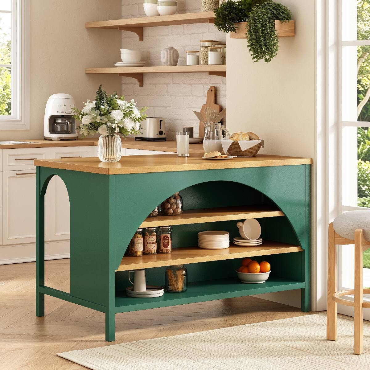 Angle. Loheer - Loheer 56 inch Farmhouse Kitchen Island Green Kitchen Island with Natural Wood Top and Open Storage - Green.