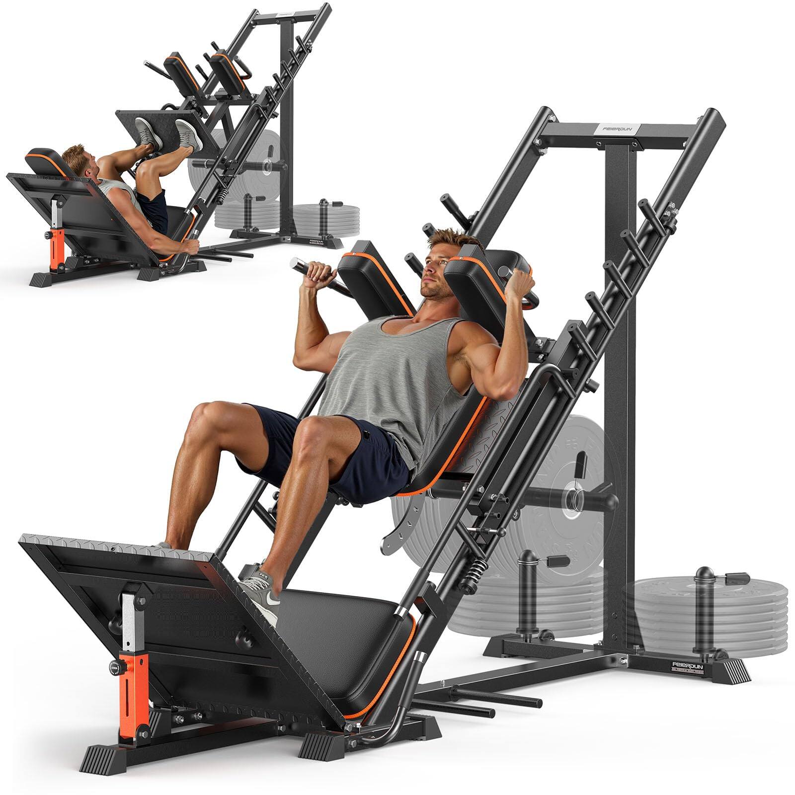 Front. FEIERDUN - 3-in-1 Leg Press Hack Squat Machine w/Stretch Board – Adjustable, Full ROM & Ultra-Quiet Pulley for Home Gym - Black.