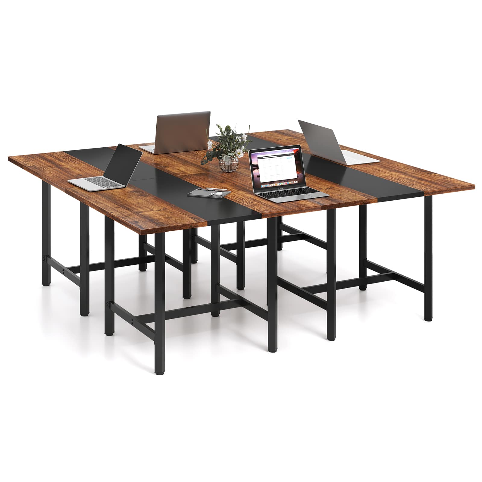Costway - 4 PCS 39.5" Square Conference Table with Thickened Tabletop & Heavy-duty Metal Frame - Rustic Brown + Black