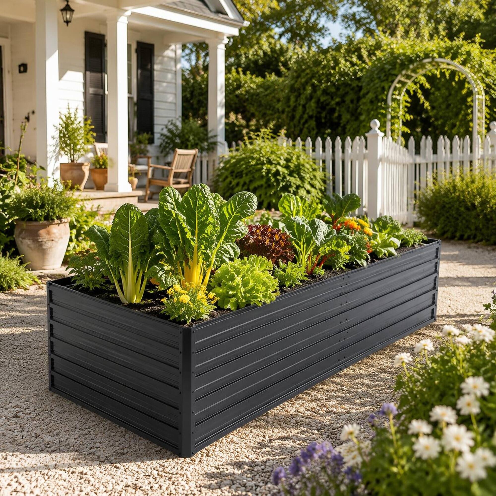 Left. RYHNUYNE - Galvanized Steel Raised Garden Bed 7.2x3.6x2 FT Black Metal Planter Box for Outdoor Vegetable Herb and Flower - Black.