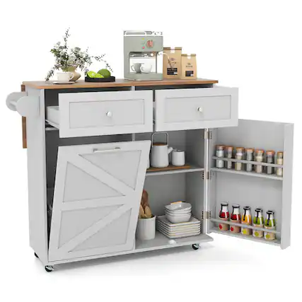 Front. Costway - Costway Rolling Kitchen Island Kitchen Island Cart with Drop Leaf Trash Can Cabinet - Gray.