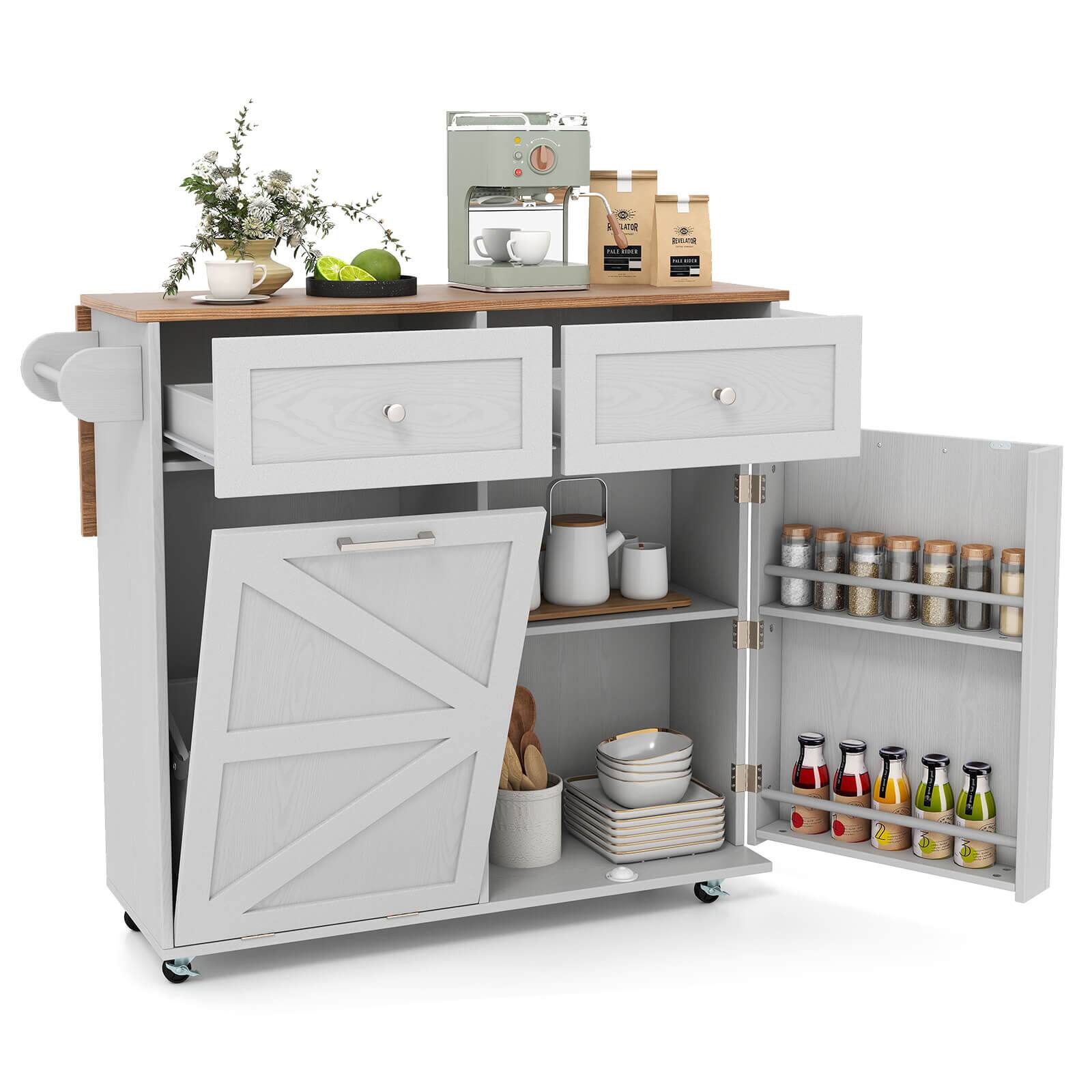 Front. Costway - Costway Rolling Kitchen Island Kitchen Island Cart with Drop Leaf Trash Can Cabinet - Gray.