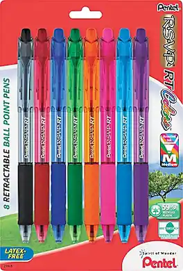 Pentel - RSVP RT Retractable Ballpoint Pen, Medium Point, Assorted Ink, 8 Pack - Blue