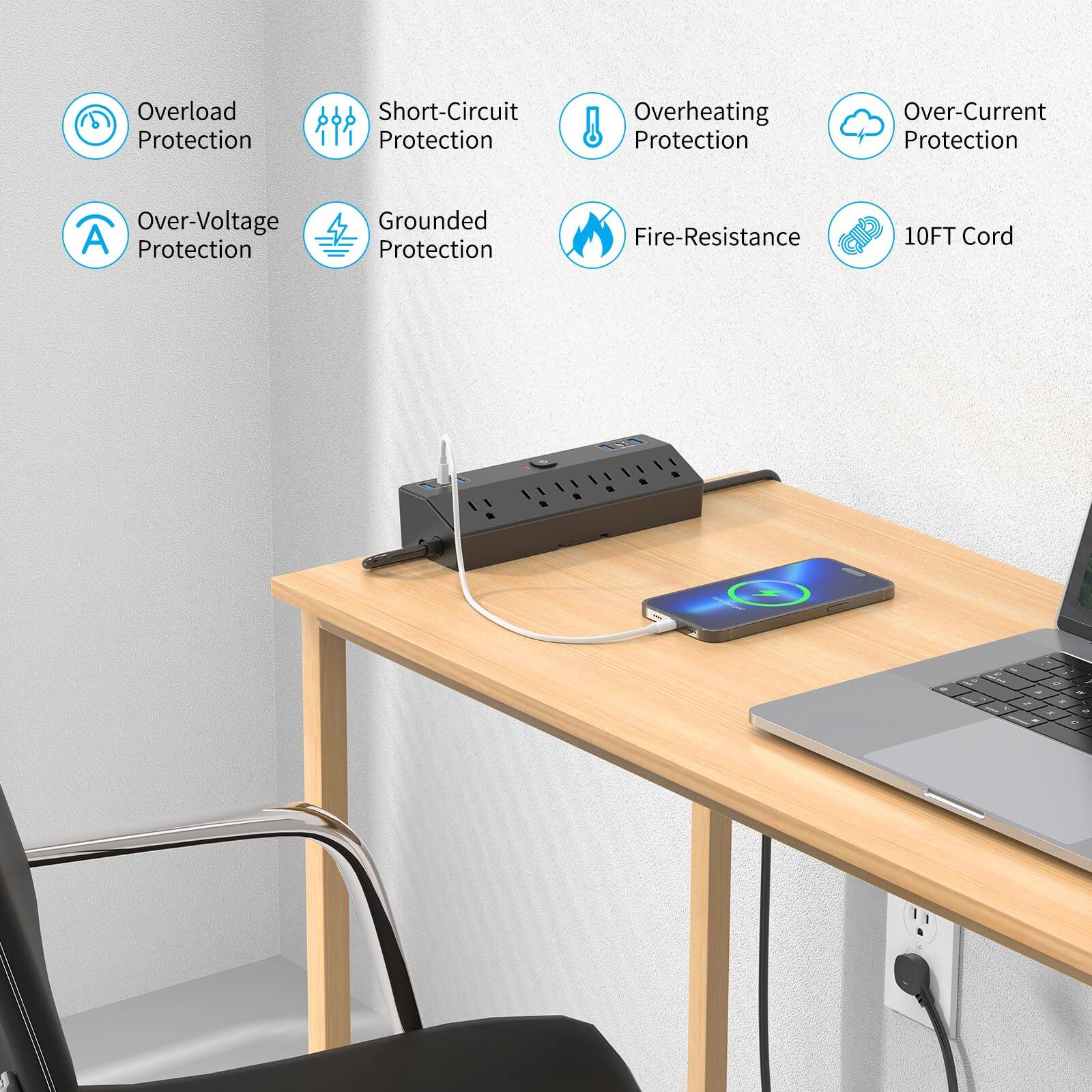 Overload Protection  
Short-Circuit Protection  
Overheating Protection  
Over-Current Protection  
Over-Voltage Protection  
Grounded Protection  
Fire-Resistance  
10FT Cord