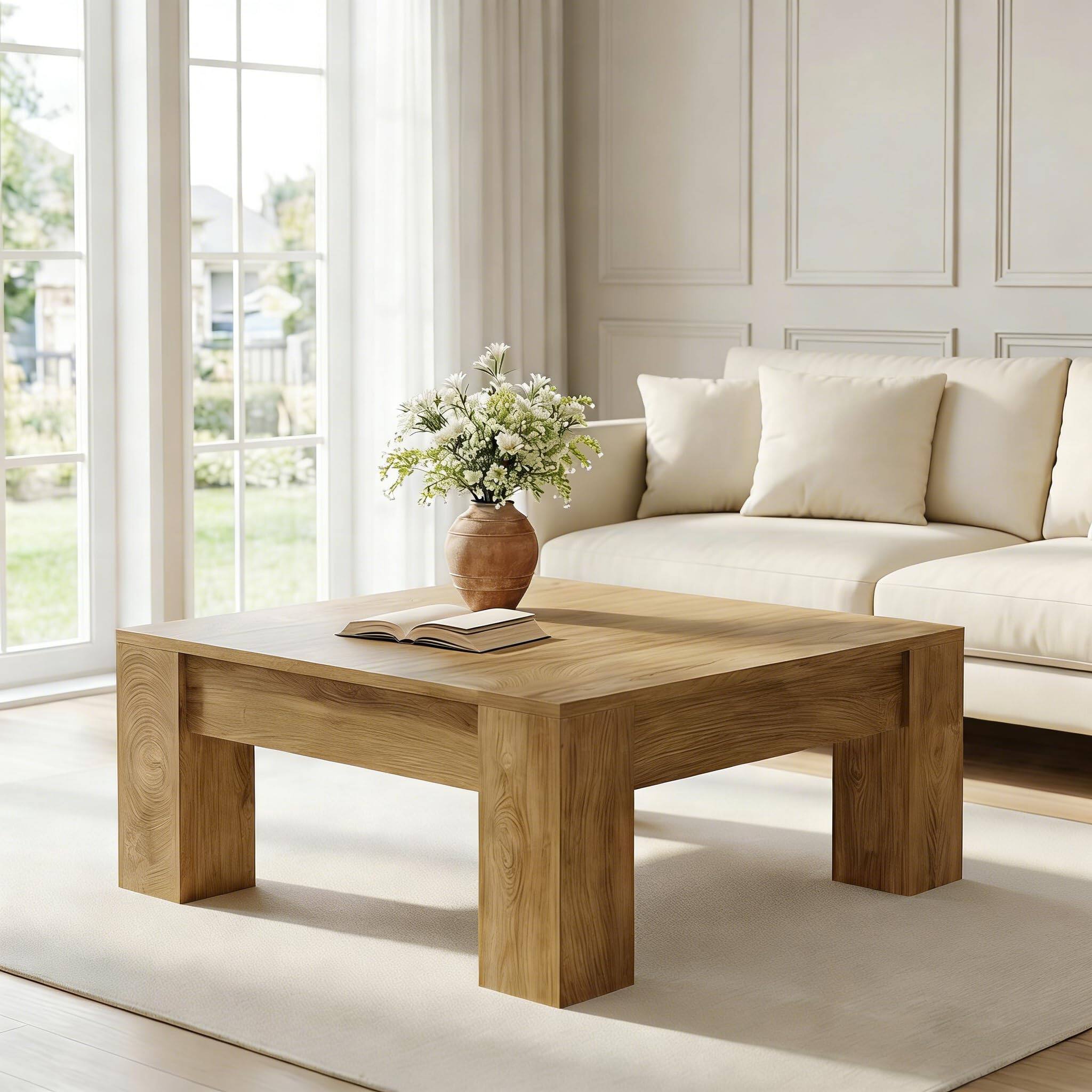 Alt View 4. Tribesigns - 39" Square Coffee Table for Living Room, Modern Farmhouse - Light Brown.