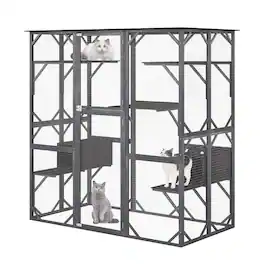 Costway - Large Wooden Cat House 71" Indoor Outdoor Weatherproof Catio Kitten Enclosure