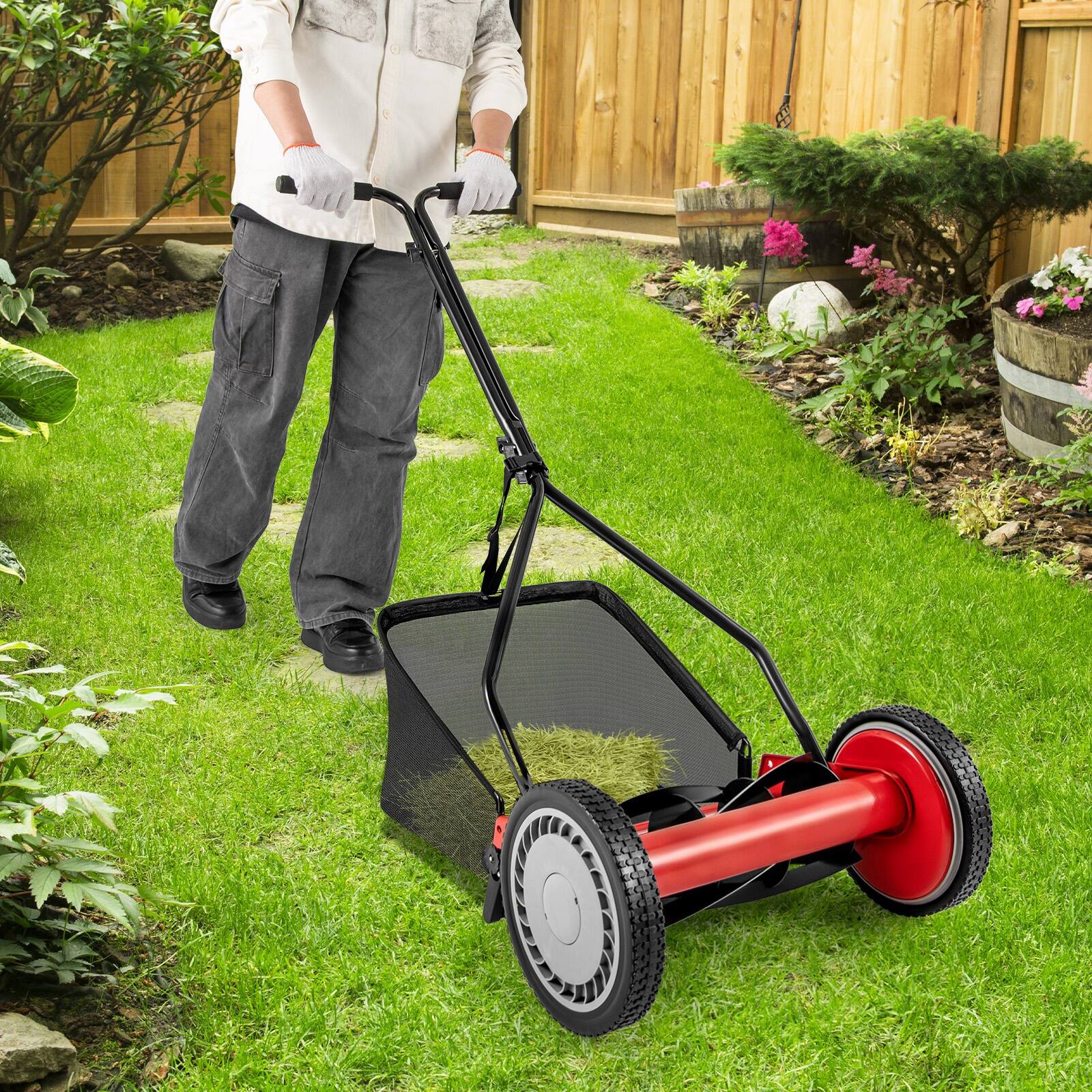 Angle. SKONYON - Push Lawn Mower with Adjustable Cutting Heights Large Bag and Durable Steel Body - Red.