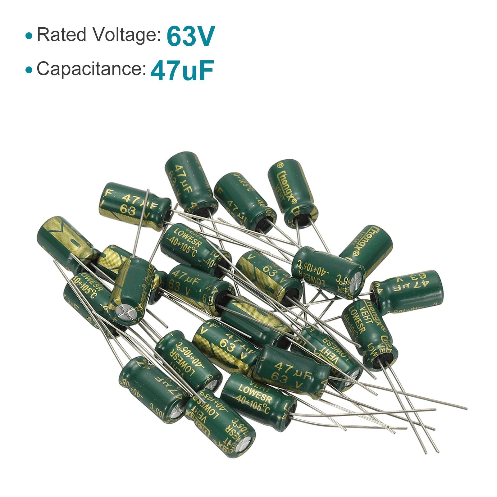 Rated Voltage: 63V  
Capacitance: 47uF  

F 63.V 47uF F 2.501+0 VENT  
Chongx 63 47F F ? 47  E I -40+105C  
LUM V Chonqx 40 2 C2S 47uF 63  
LOWESR -40+105C 63 P.C A 40+105C 63 V t SR  
47uR onor 6.3 LOWESR VEHT nongxe V 40-105  
63 47H VEHT OWESR LOW S 24 LOWESR 47F, 47 UF, 63 V S0LO0-  
47F VENI 105C  VEHT -40+1059 40+105C 636 ESR 105C XED EHT