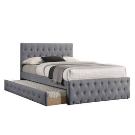Manhattan Lane - Nek Wood Twin Size Upholstered Bed with Trundle, Tufted Burlap - Gray