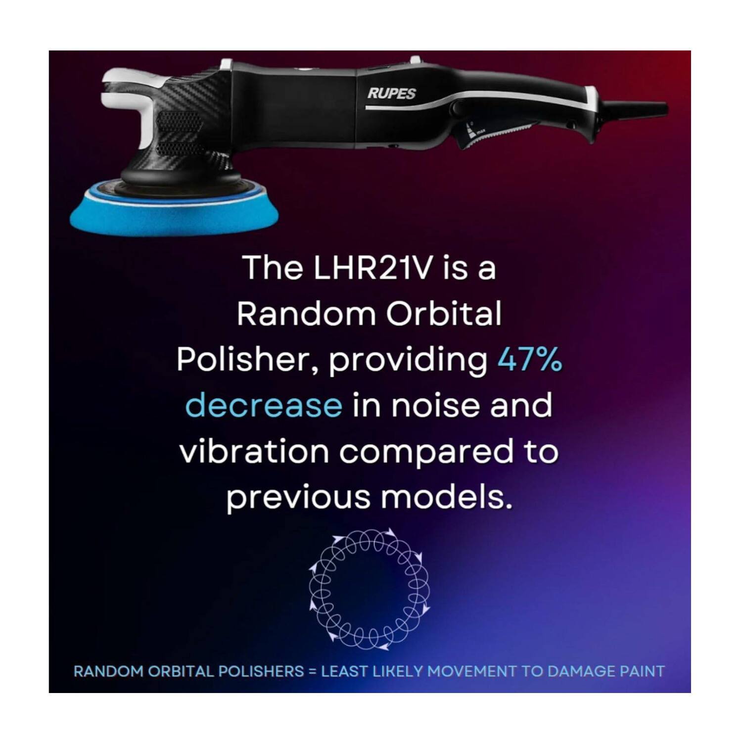 RUPES The LHR21V is a Random Orbital Polisher, providing 47% decrease in noise and vibration compared to previous models. RANDOM ORBITAL POLISHERS = LEAST LIKELY MOVEMENT TO DAMAGE PAINT