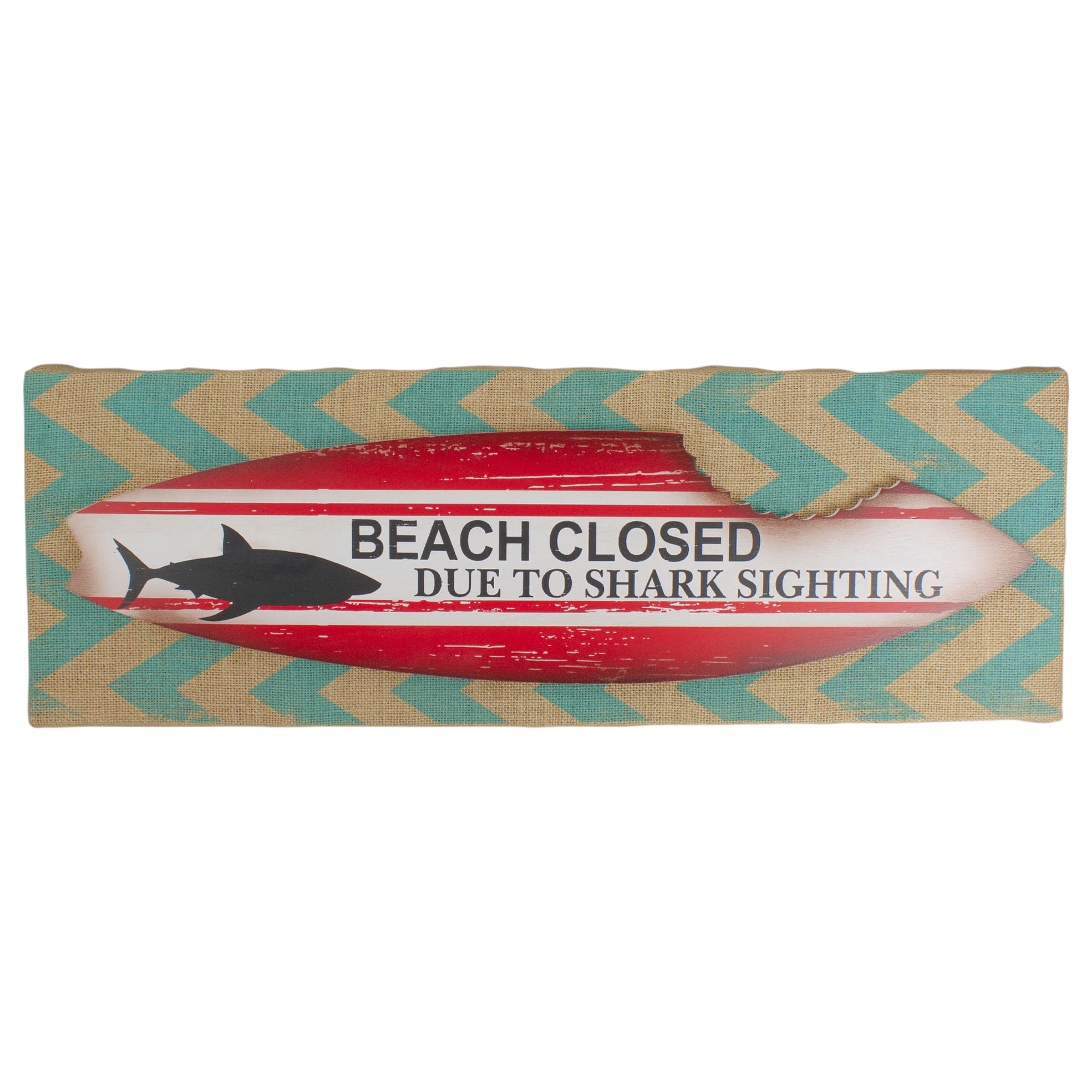 Northlight - Rectangular Burlap Covered "Beach Closed" Shark Bite Surfboard Wall Art 24" - Red