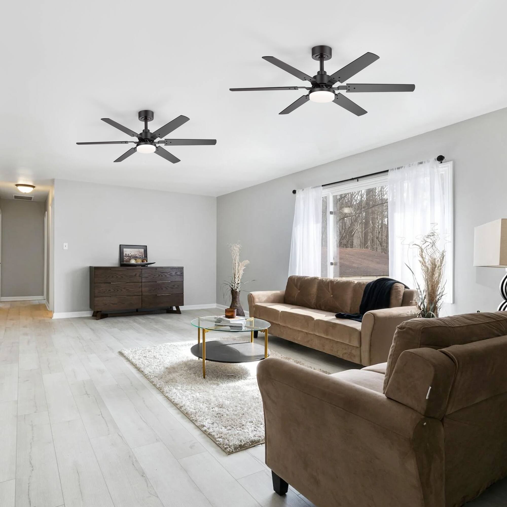 Alt View 6. Breezary - 46" 2-Pack Ceiling Fan with Integrated Light, 6 Plywood Blades, DC Motor, 6-Speed Remote, Timer with Memory - Matte Black and Dark Walnut Color.