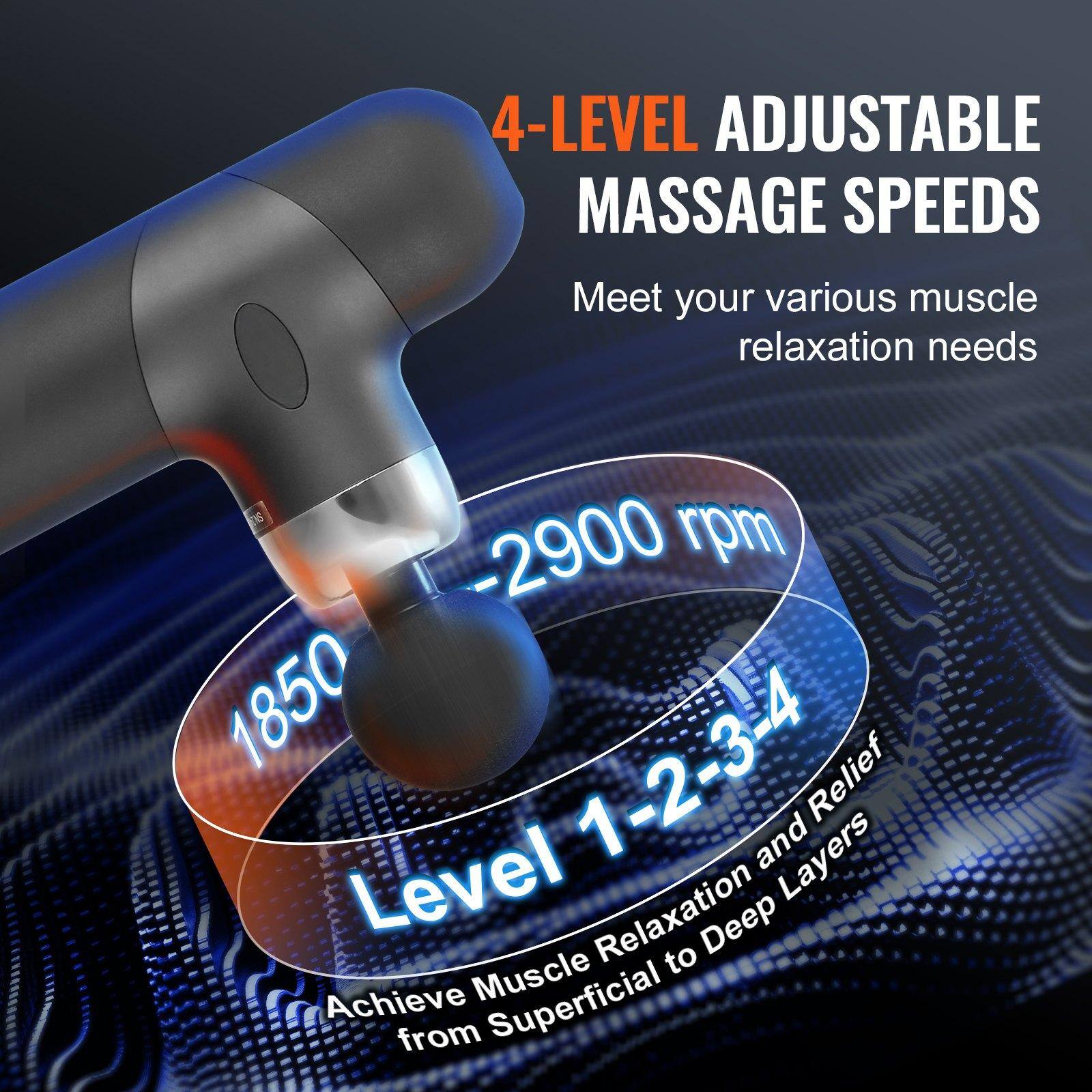 4-LEVEL ADJUSTABLE MASSAGE SPEEDS  
Meet your various muscle relaxation needs  

-2900 rpm  
1850  
Level 1-2-3-4  
Achieve Muscle Relaxation and Relief from Superficial to Deep Layers