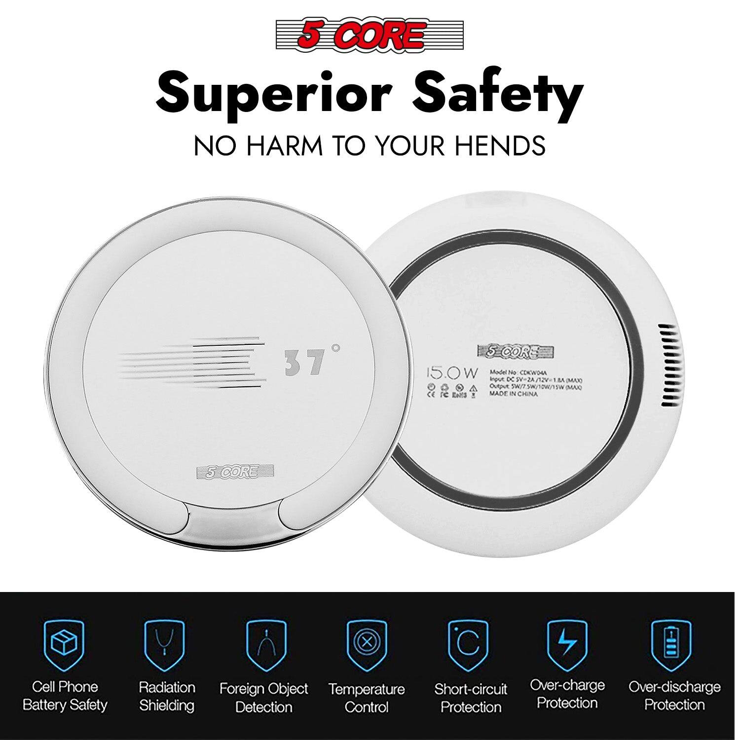 5 CORE  
Superior Safety  
NO HARM TO YOUR HENDS  

37°  

5 CORE  
15.0W  
Model: 5C0RE  
Input: DC 5V/1A  
Output: 5V/1A  
MADE IN CHINA  

Cell Phone Battery Safety  
Radiation Shielding  
Foreign Object Detection  
Temperature Control  
Short-circuit Protection  
Over-charge Protection  
Over-discharge Protection