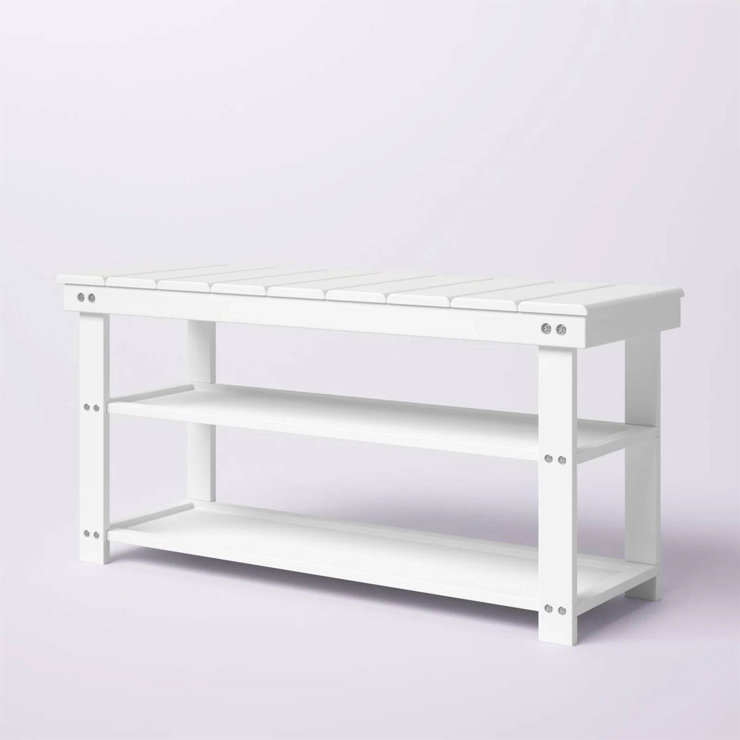 Angle. Hivvago - White Slatted Wood 2-Shelf Shoe Rack Storage Bench For Entryway or Closet - White.