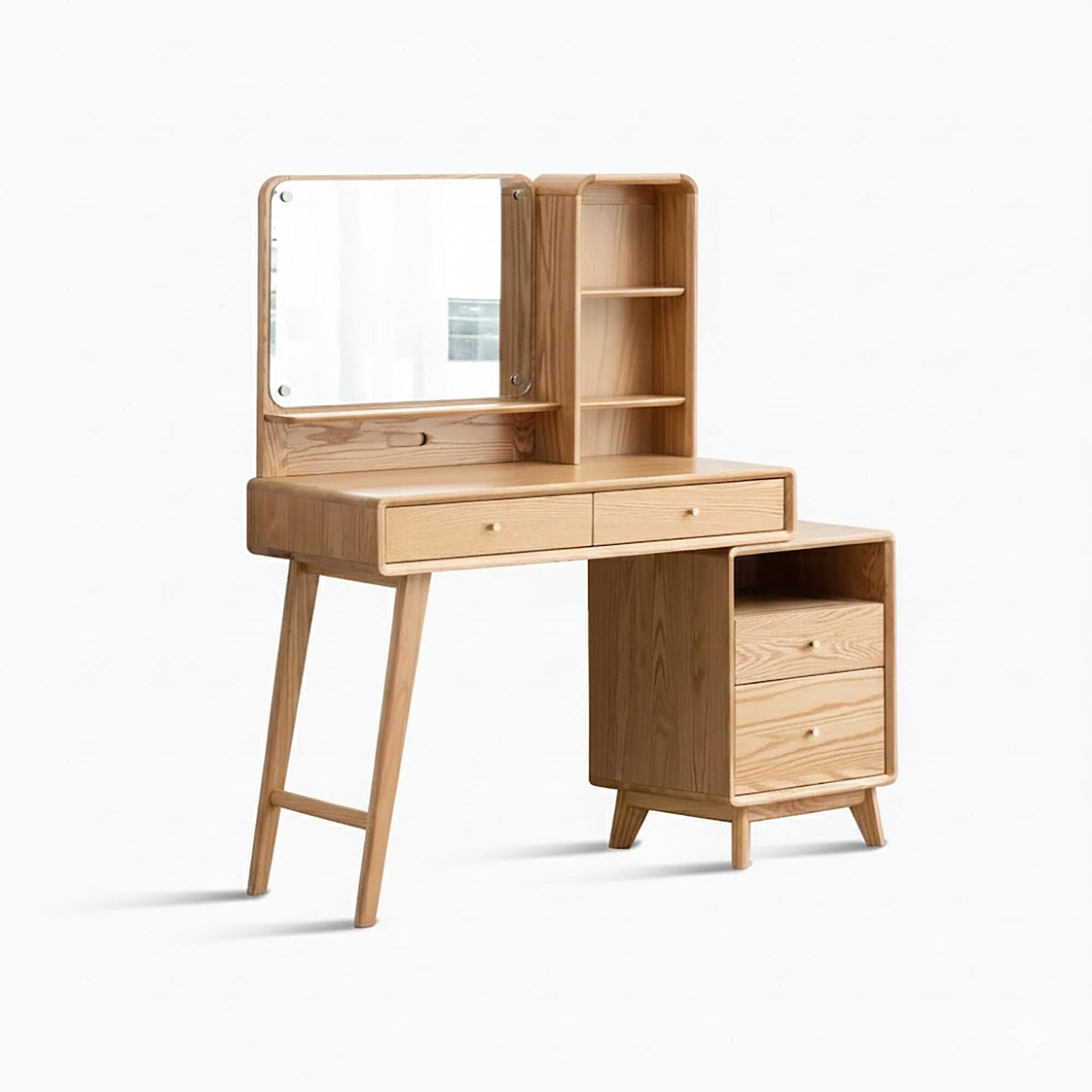 Front. Boyel Living - Solid Oak Makeup Vanity Table with Storage Stool - Oak.