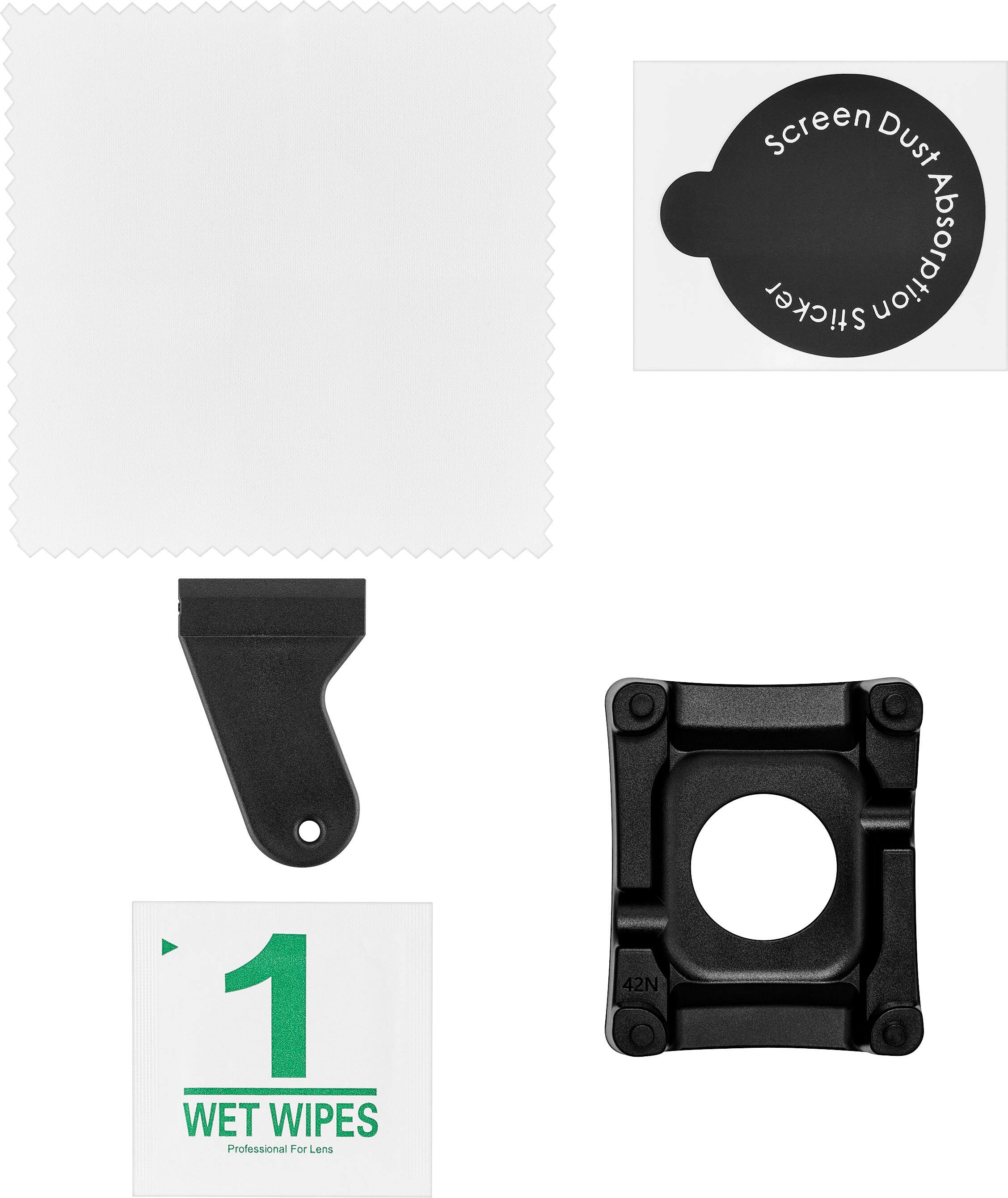 The text on the image can be grouped as follows:

1. Screen Dust Sticker Absorption
2. Wet Wipes Professional For Lens
3. 1 Wet Wipes
4. 42N