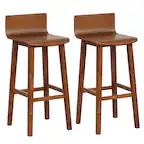 Front. Costway - 29" Wood Bar Stools Set of 2 with Solid Back & Seat Mid Century Bar Chairs - Brown.